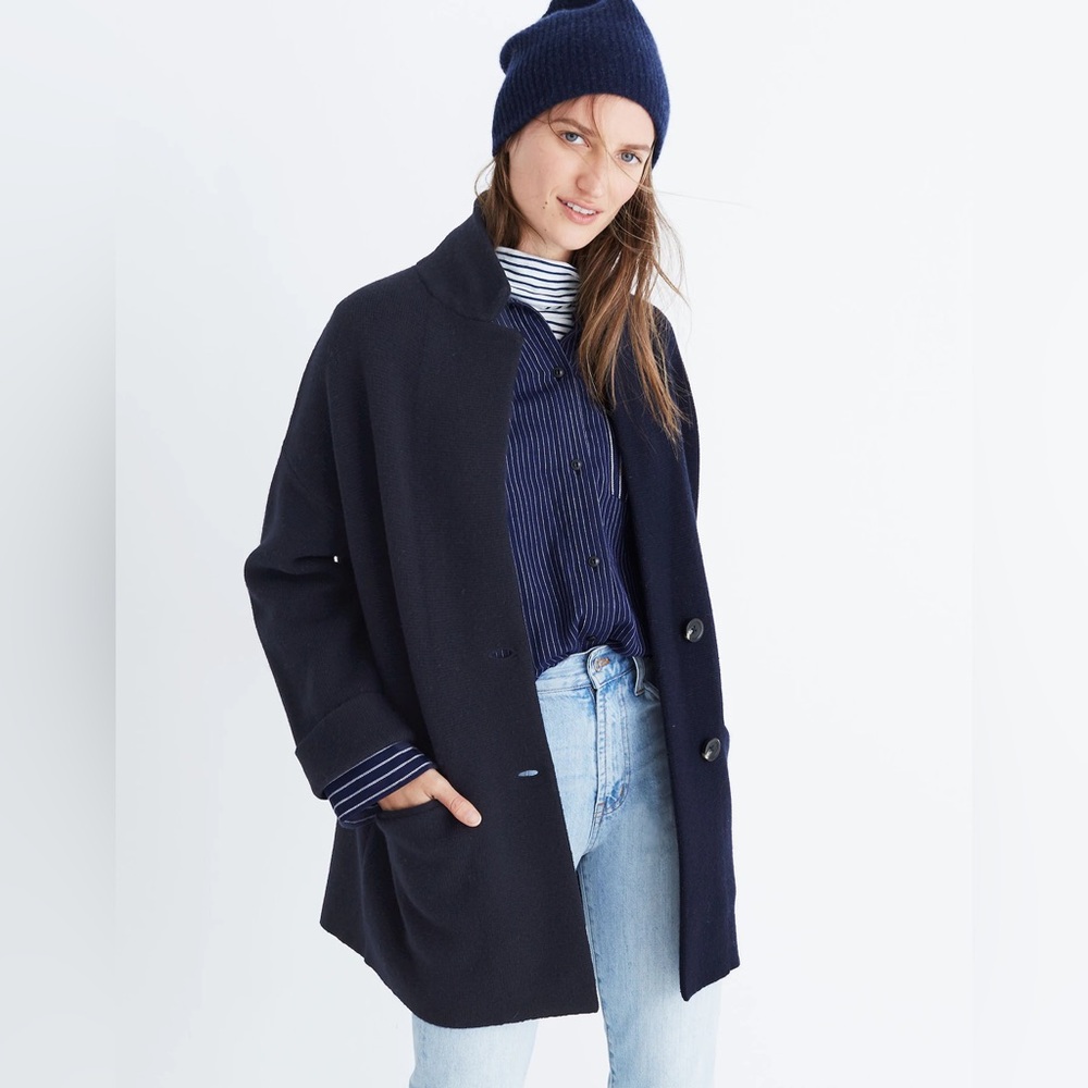 MADEWELL Blazer Sweater-Jacket Merino Wool Chunky Buttons W/Lapel Navy Size M